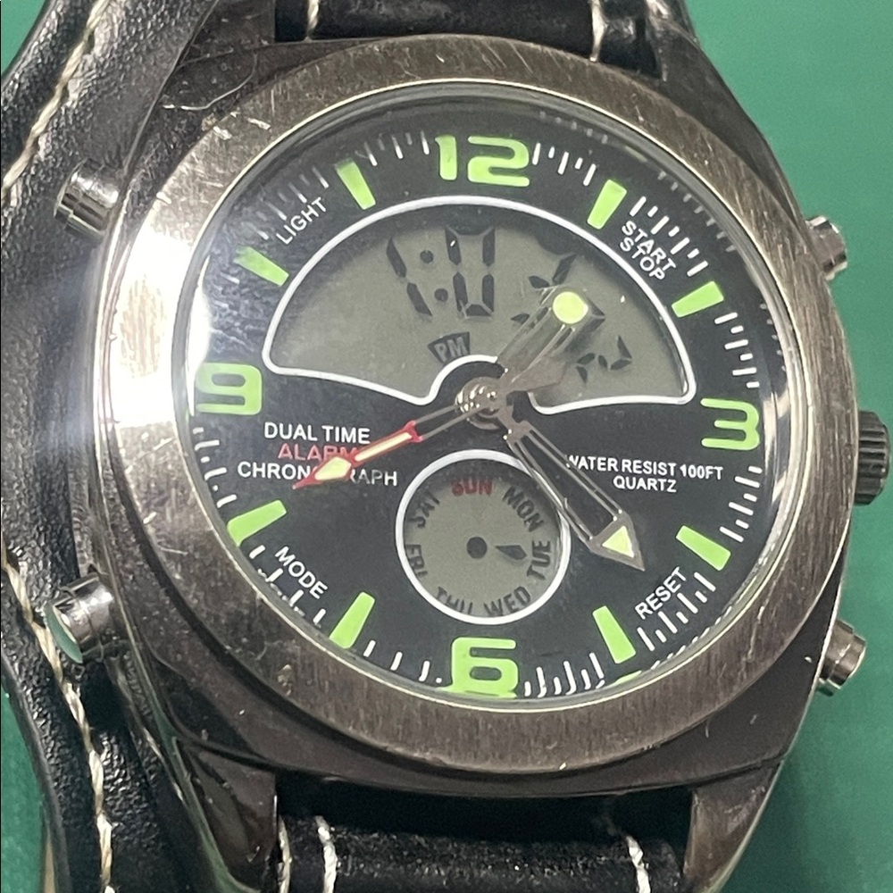 Black Leather Strap Watch with Green Accents - Picture 2 of 7